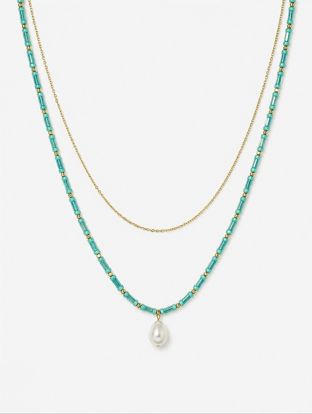 Plunder Gold & Turquoise Beaded Necklace with Pearl Pendant